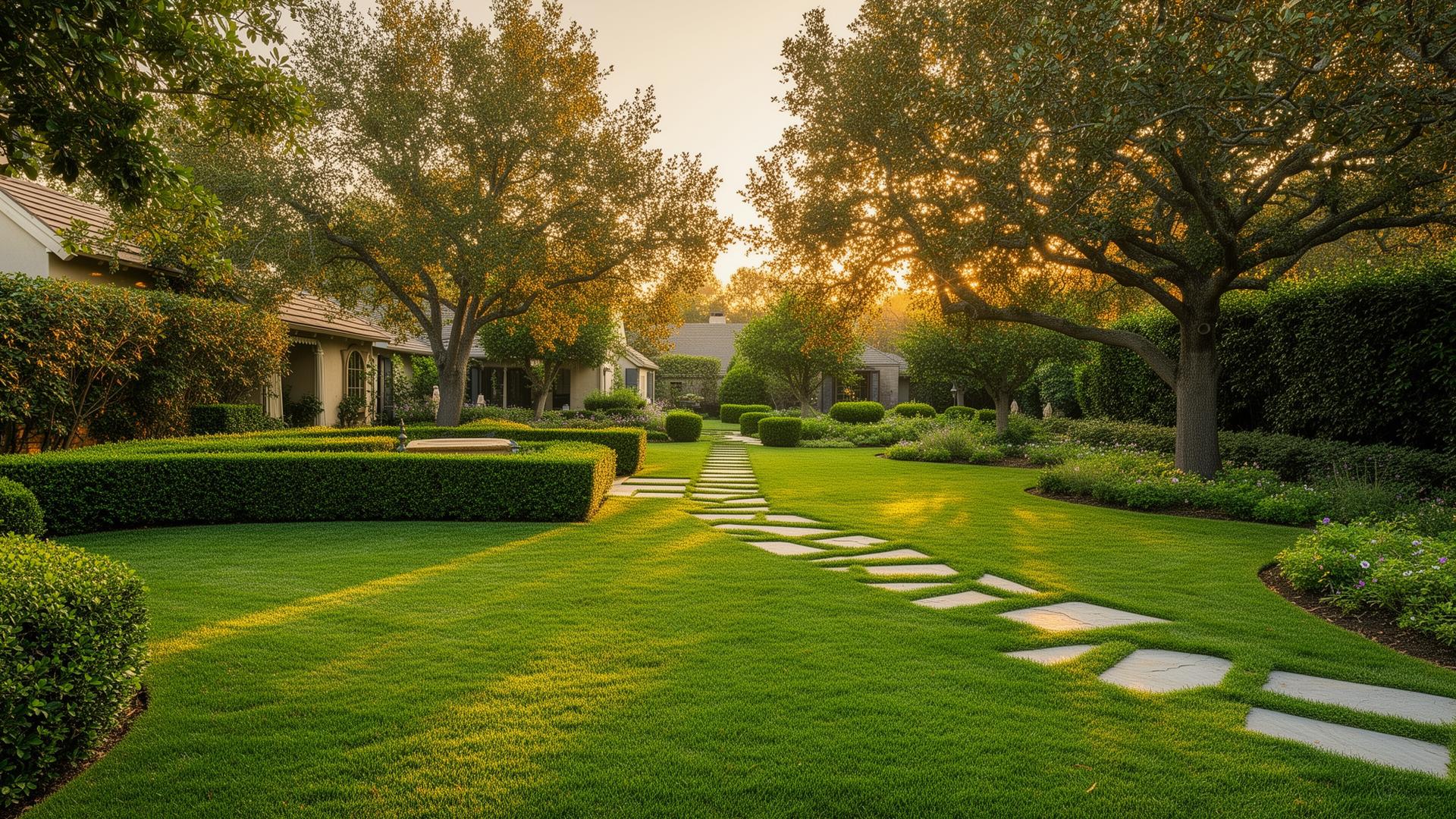 Beautifully landscaped lawn at golden hour